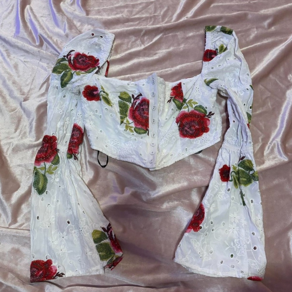 majorelle White floral corset top with lace detailing and adjustable straps
